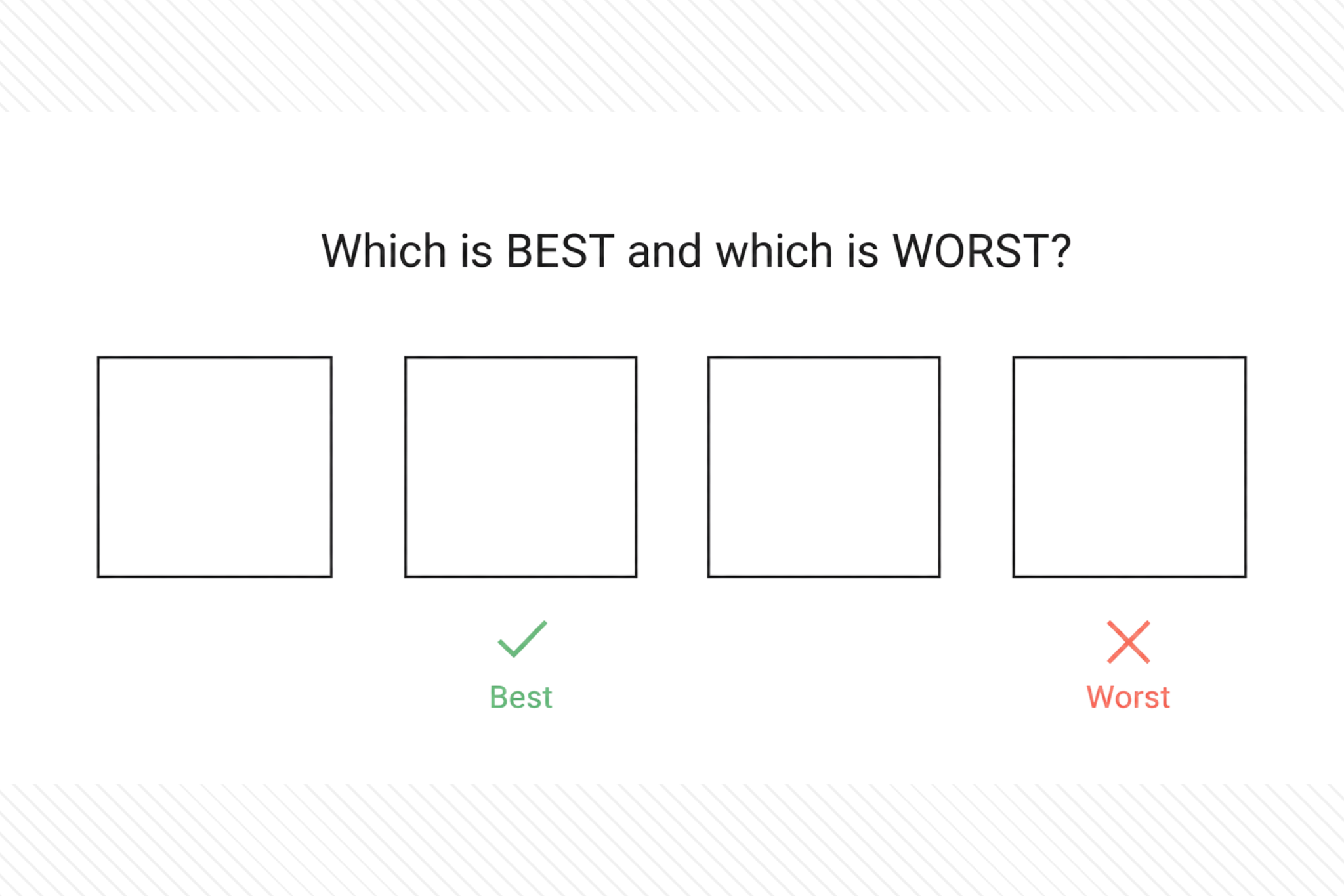 A MaxDiff survey screen showing four items and the question: which is best and which is worst?
